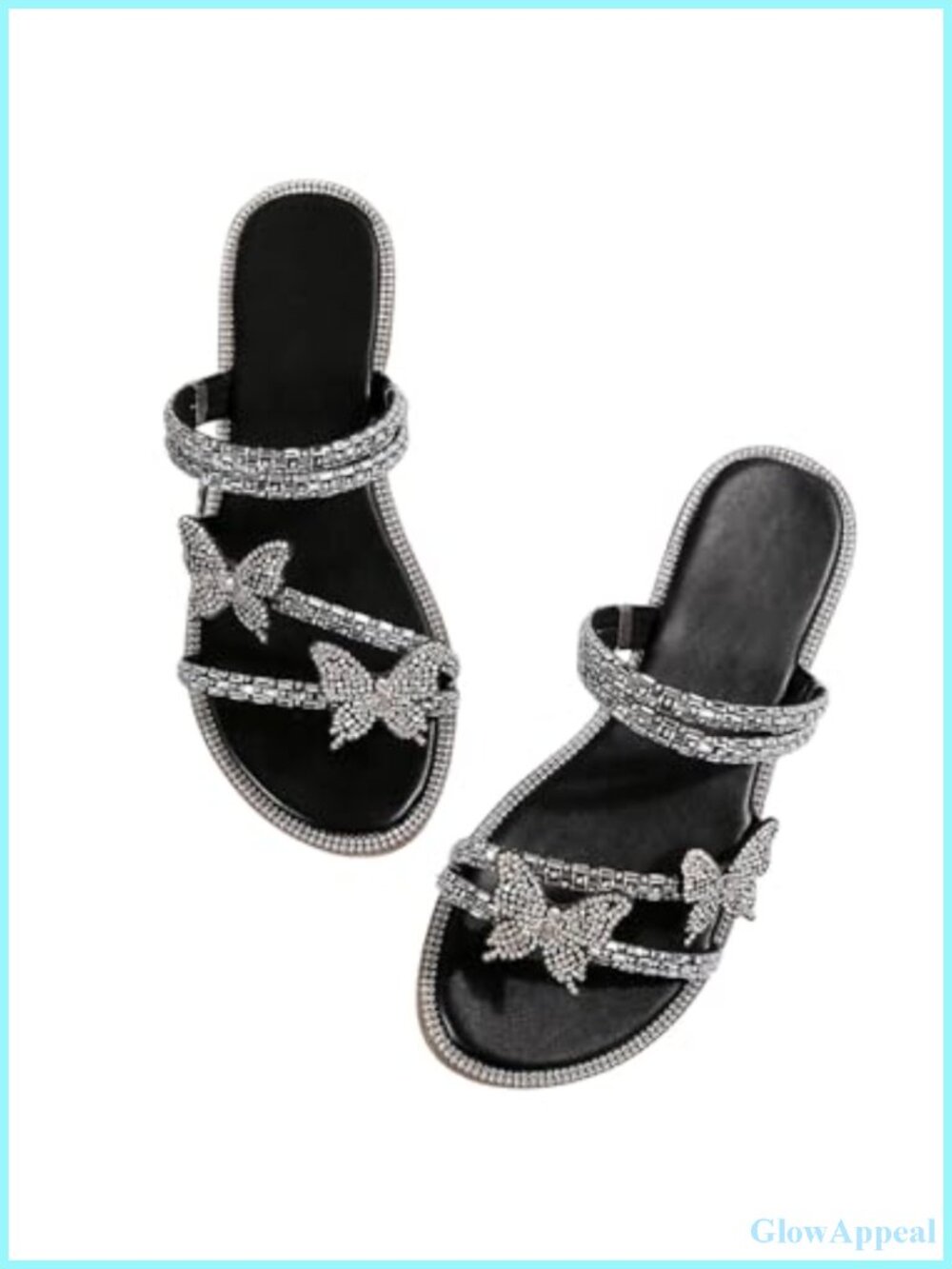 Women's Rhinestone Butterfly Flat Sandals Sparkly Strappy Slip On Dressy